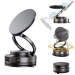 Mechanical Vacuum Suction Cup Magnetic Car Phone Holder | 3-Axis 360° Rotating Foldable Navigation Mount | Universal Hands-Free Bracket Stand for Dashboard, Windshield, Gym, Mirror & Desktop (Free Magnetic Metal Ring Included)