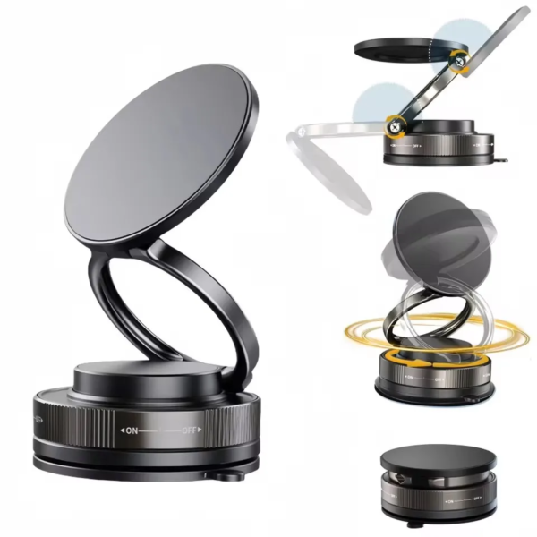 Mechanical Vacuum Suction Cup Magnetic Car Phone Holder | 3-Axis 360° Rotating Foldable Navigation Mount | Universal Hands-Free Bracket Stand for Dashboard, Windshield, Gym, Mirror & Desktop (Free Magnetic Metal Ring Included)