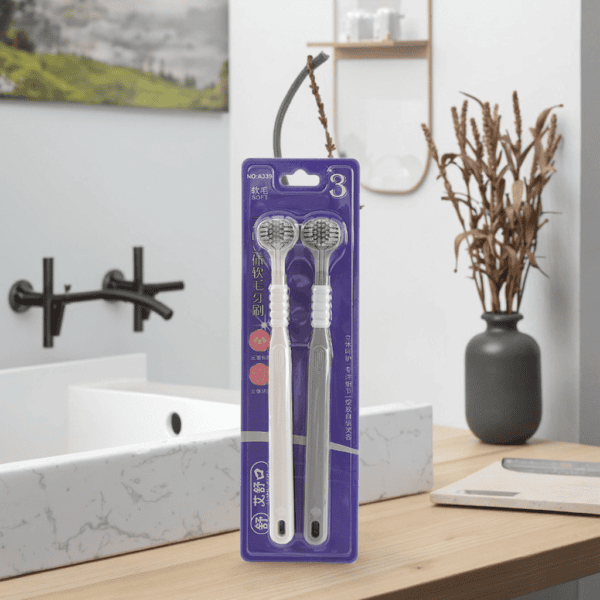 3-Sided Toothbrush (2-Piece) – Triple Cleaning Head with Tongue Scraper | 360° Deep Clean for Teeth & Gums | Ultra-Soft 0.15mm Bristles (White/Grey)